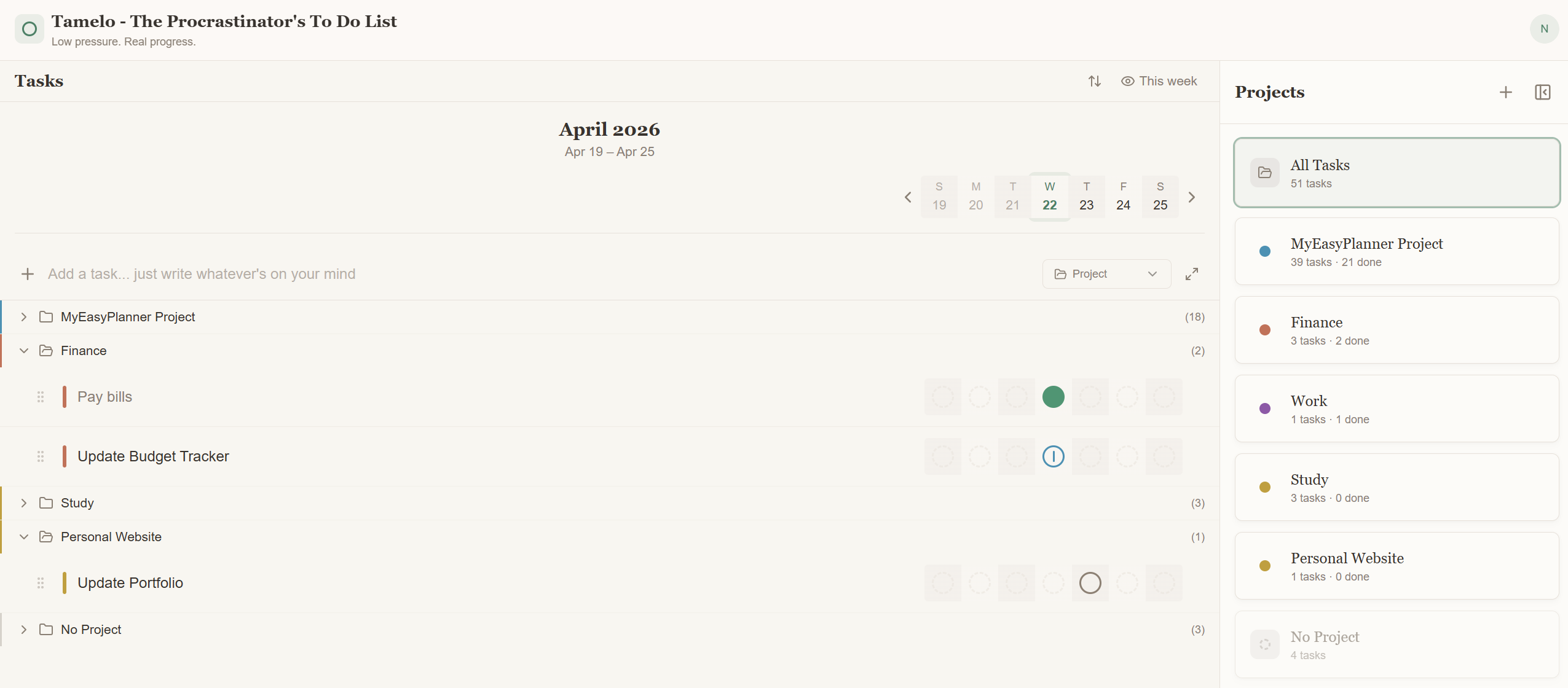 Desktop view of the main calendar interface, showing tasks in various states.
