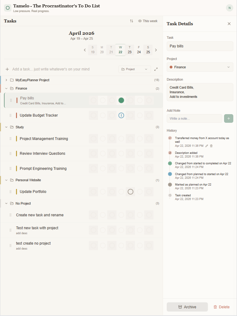 Tablet view, demonstrating responsive design and task details.